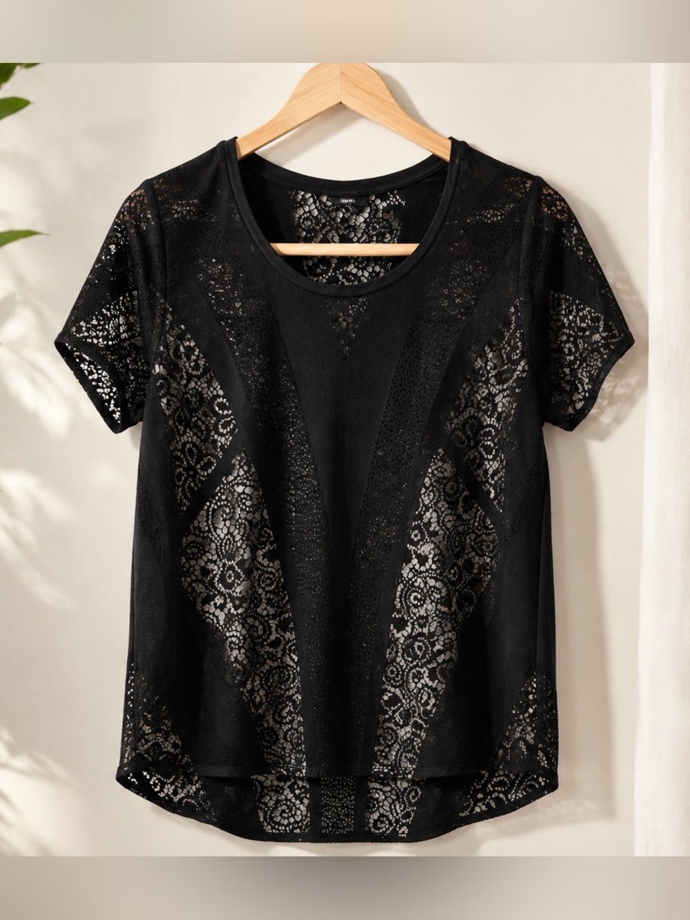 Massimo Black Short Sleeve Lace Inset Tee
